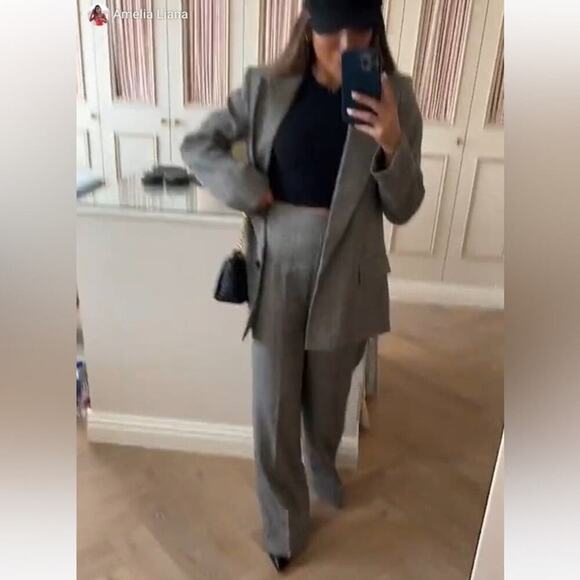 Zara Grey WIDE LEG HERRINGBONE PANTS Size Large - Picture 3 of 14